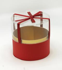 Cilindrinė dėžutė su plastmasiniu gaubtu ir kaspinu (raudona)