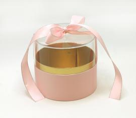Cilindrinė dėžutė su plastmasiniu gaubtu ir kaspinu (rožinė)