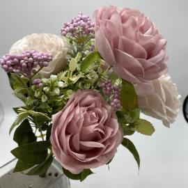 Dirbtinė rožių puokštė, ilgis 43cm (kreminė-šv. violetinė)