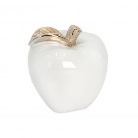 Keramikinis baltas obuolys su rausvai auksinės spalvos lapeliu, 15,5x16,5cm