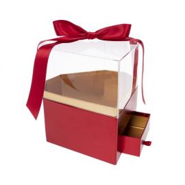 Deimanto formos dėžutė su permatomu dangčiu, stalčiumi ir kaspineliu (raudona)