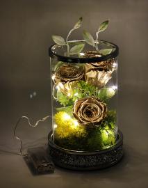 Miegančių stabilizuotų 3vnt rožių kompozicija stiklinėje žvakidėje su led girlianda, 14x21cm