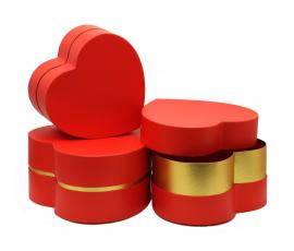 Širdelės formos dėžutės 3 dalių su auksiniu akcentu (raudona)