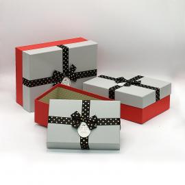 Stačiakampės dėžutės su kaspinėliu 3 dalių (raudona-pilka)