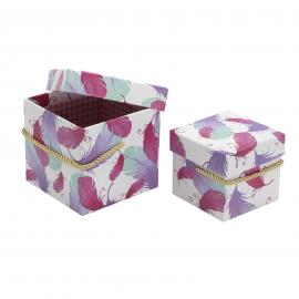 Kvadratinių nedidelių dėžučių komplektas iš 2 dalių su rankenėle (rožinė, violetinė, žalsva)