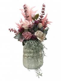 Dirbtinių rožių, eukaliptų kompozicija vazoje, 31x50cm
