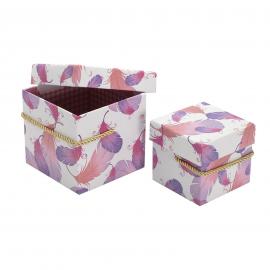 Kvadratinių nedidelių dėžučių komplektas iš 2 dalių su rankenėle (rožinė, violetinė, persikinė)