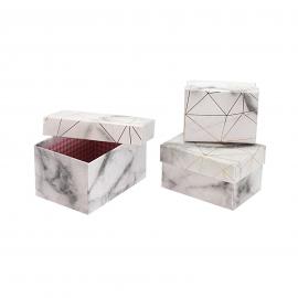 Stačiakampių marmurinės spalvos dėžučių komplektas 3 dalių "Grafika" (pilkai balta)