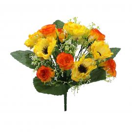Dirbtinė rožių ir aguonų puokštė, ilgis 30cm (geltona, oranžinė)