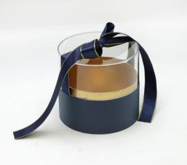 Cilindrinė dėžutė su plastmasiniu gaubtu ir kaspinu (mėlyna)