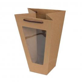 Dovanų maišeliai rudi platėjantys su skaidriu langeliu (10x1,50€) [11,5x22,5x33cm]