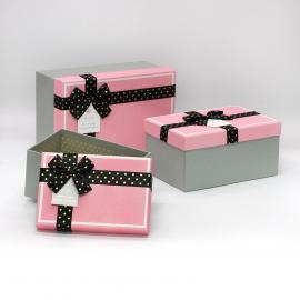 Stačiakampės dėžutės su kaspinėliu 3 dalių (pilka-rožinė)