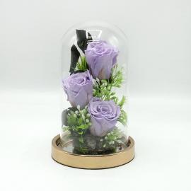 Miegančių 3vnt stabilizuotų violetinių rožių kompozicija stikliniame gaubte, 13x24cm