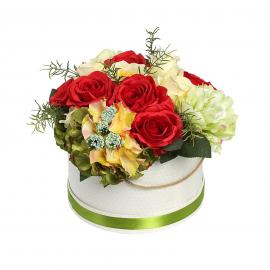 Dirbtinių hortenzijų, rožių kompozicija cilindrinėje dėžutėje (33x29cm)