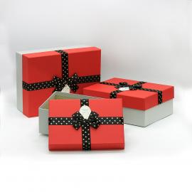 Stačiakampės dėžutės su kaspinėliu 3 dalių (pilka-raudona)