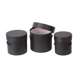 Cilindrinių dėžučių komplektas 3 dalių su medžiaginėmis rankenėlėmis (juoda)