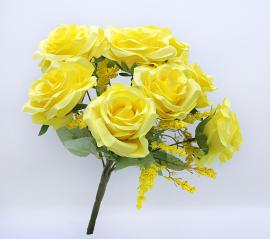 Dirbtinė 9 rožių puokštė, ilgis 32 cm (geltona)