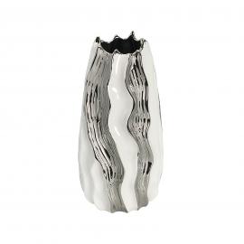 Keramikinė banguota, apvali vaza, aukštis 29,5cm (balta, sidabrinė)