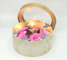 Miegančių stabilizuotų 5vnt rožinių rožių kompozicija dėžutėje su led girlianda, 22x11cm