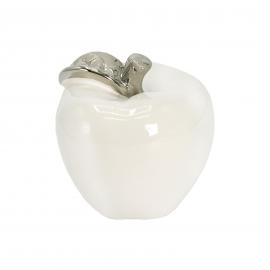 Keramikinis baltas obuolys su sidabrinės spalvos lapeliu, 13,5x14cm