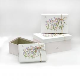 Stačiakampės dėžutės "Gėlytės" su kaspinėliu 3 dalių (rožinė-balta)