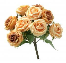 Dirbtinė 9 rožių puokštė, ilgis 32 cm (ruda - šv. oranžinė)