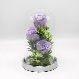 Miegančių 3vnt stabilizuotų violetinių rožių kompozicija stikliniame gaubte, 13x24cm